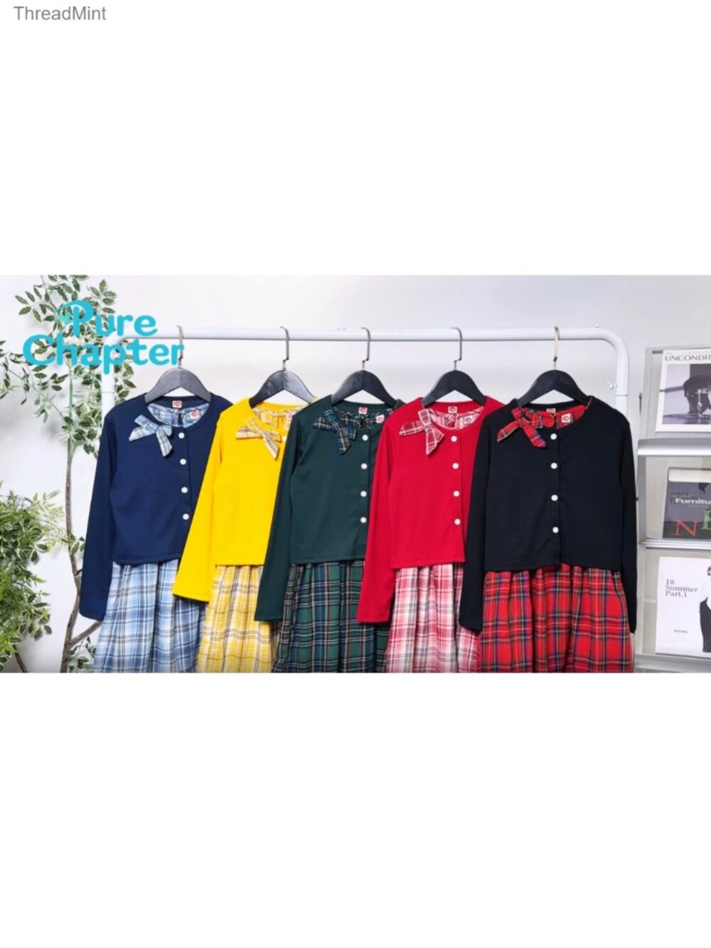 Girls Plaid Dress with Cardigan 3-Piece Outfit Set with Belt - Picture 6 of 6